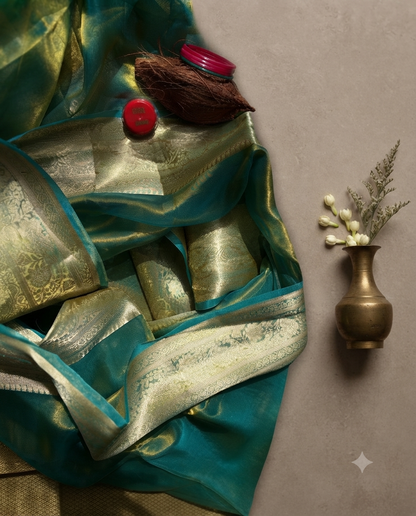 Teal Green Tissue Silk Saree