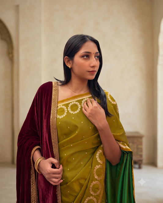 Golden Green Banarasi Mashru Silk Saree