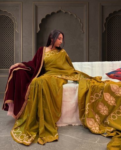 Golden Green Banarasi Mashru Silk Saree