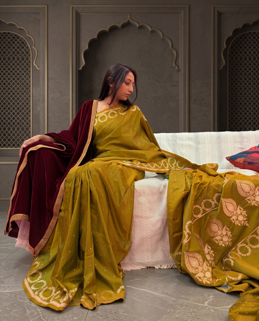 Golden Green Banarasi Mashru Silk Saree