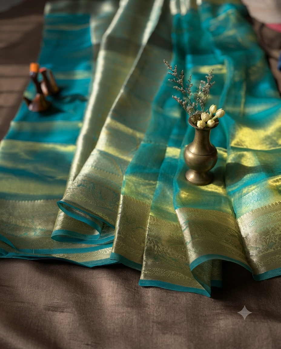 Teal Green Tissue Silk Saree