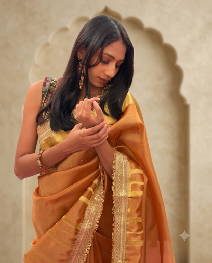 Golden Yellow Banarasi tissue silk saree