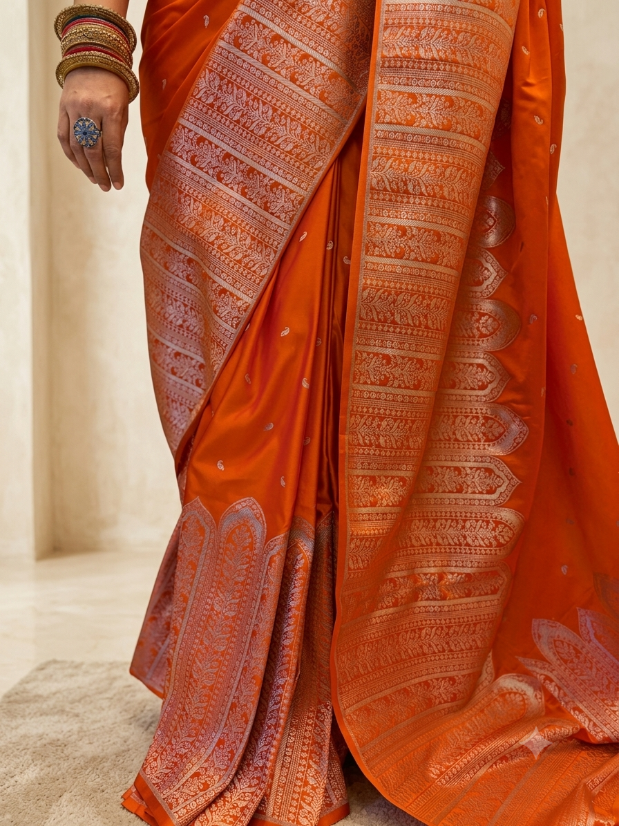 Orange Banarasi katan silk