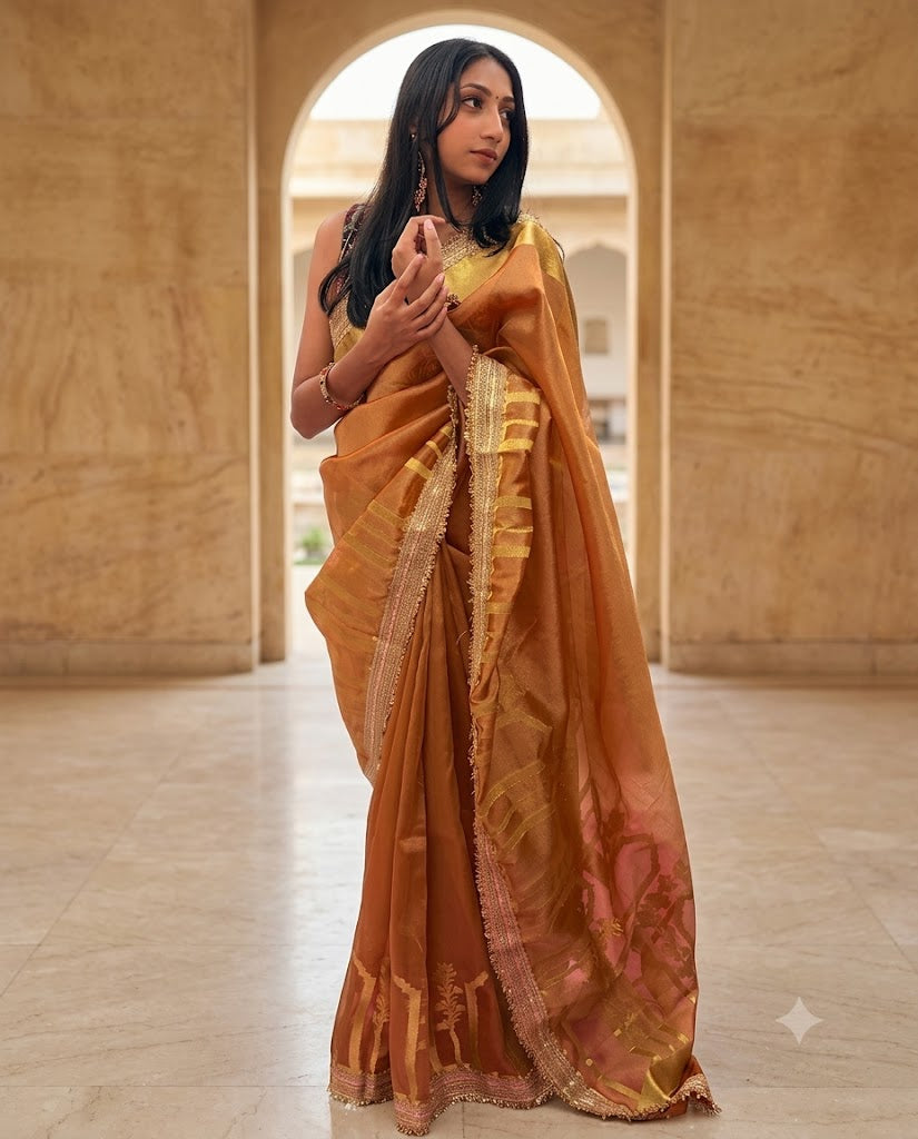 Golden Yellow Banarasi tissue silk saree