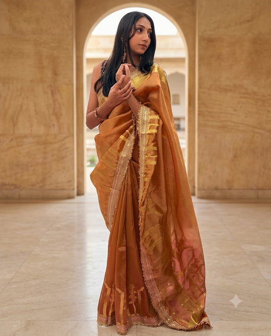 Golden Yellow Banarasi tissue silk saree